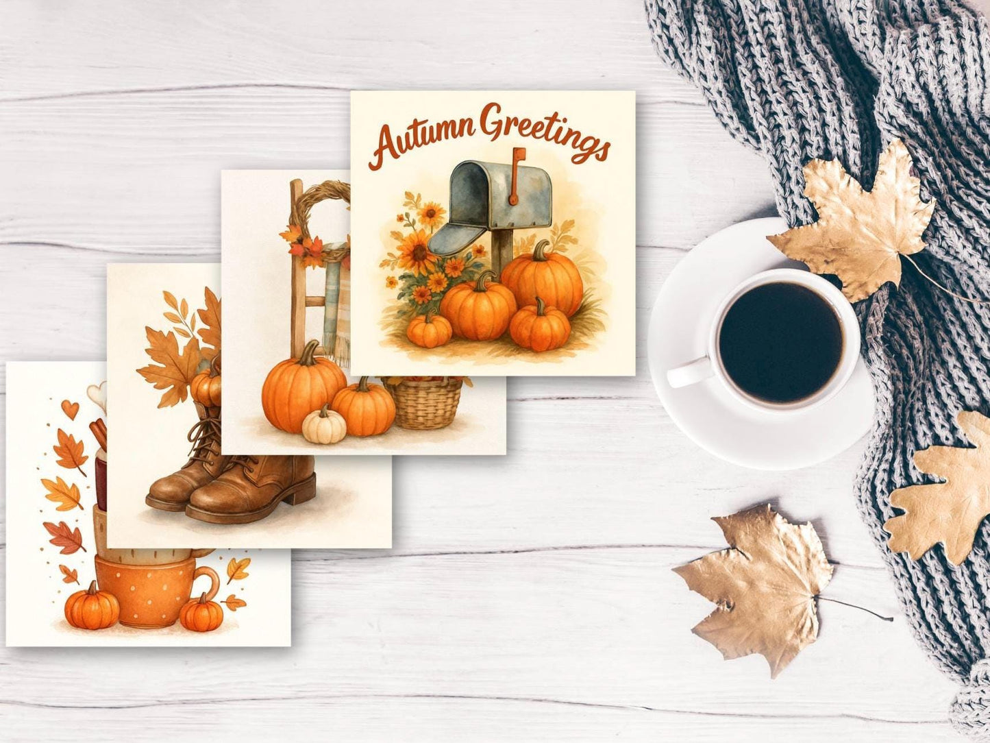 Printable Autumn Wall Art Bundle β Cozy Fall Decor β Pumpkin Boots, Mug Stack, Mailbox and Ladder β JPEG & PNG β Instant Download