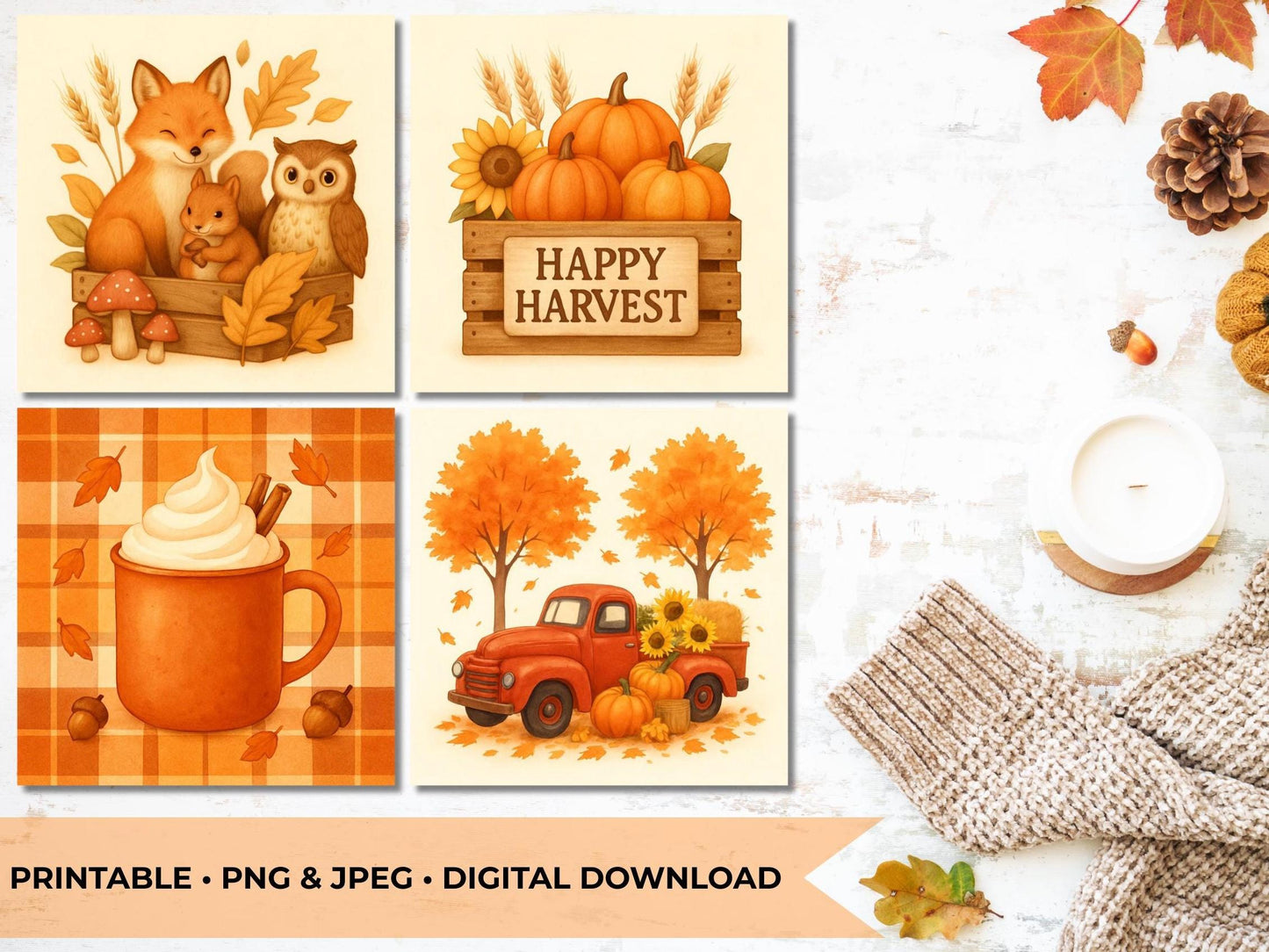 Fall PNG Sublimation Bundle β Autumn Clipart for Mugs, Pillowcases & T-Shirts β Pumpkin, Fox, Truck β Cozy Fall Digital Download