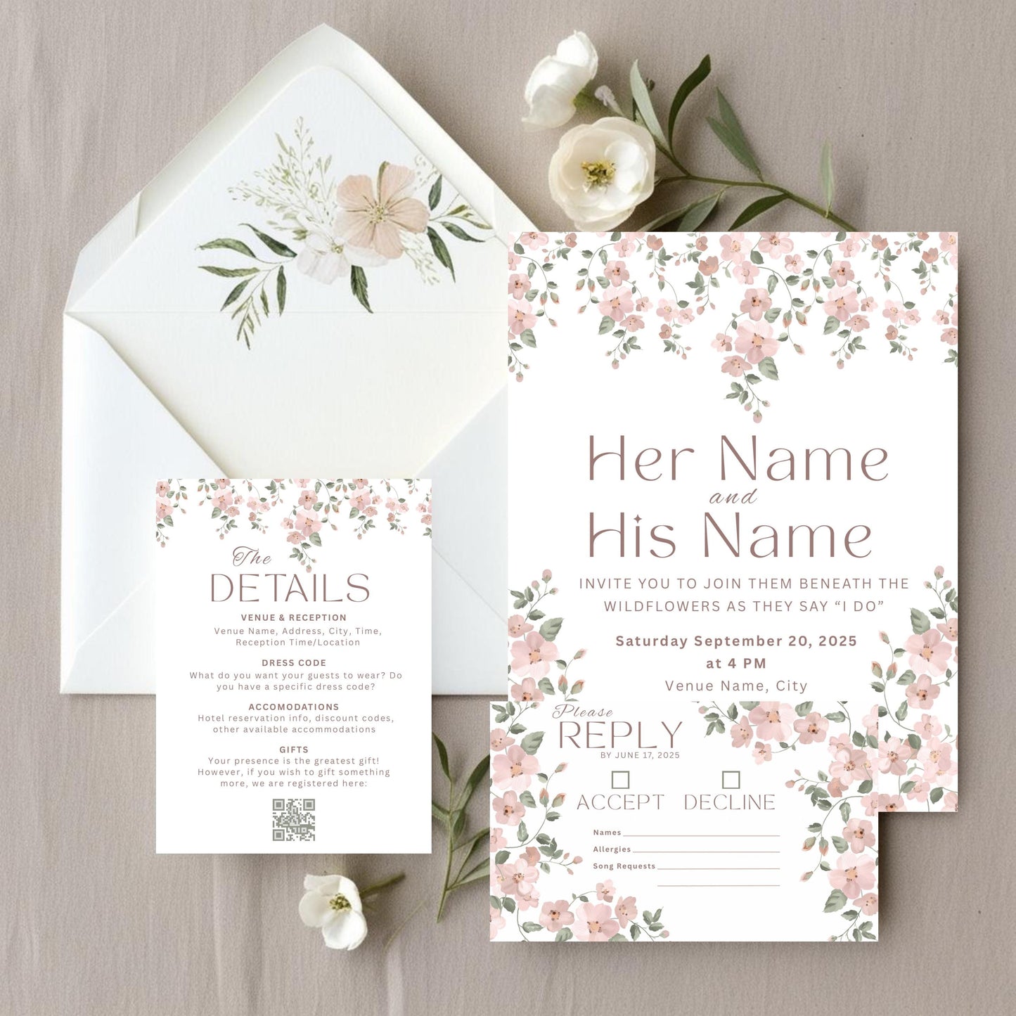 Pink Wildflower Wedding Invitation Bundle - Vine Floral Invite, Details & RSVP Card Set - Digital Download