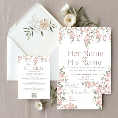 Pink Wildflower Wedding Invitation Bundle - Vine Floral Invite, Details & RSVP Card Set - Digital Download