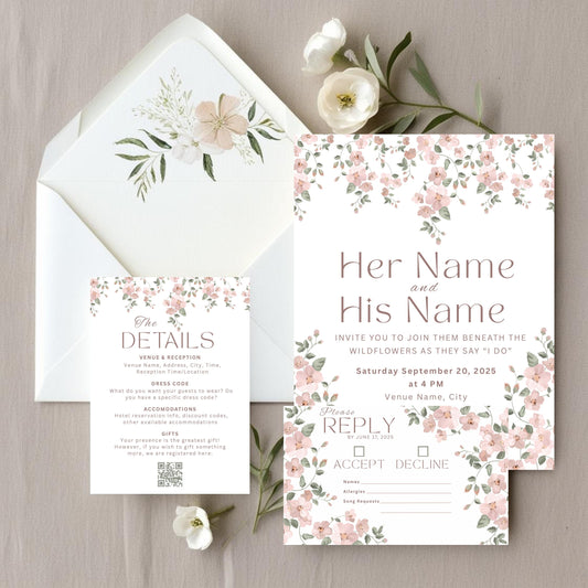Pink Wildflower Wedding Invitation Bundle - Vine Floral Invite, Details & RSVP Card Set - Digital Download