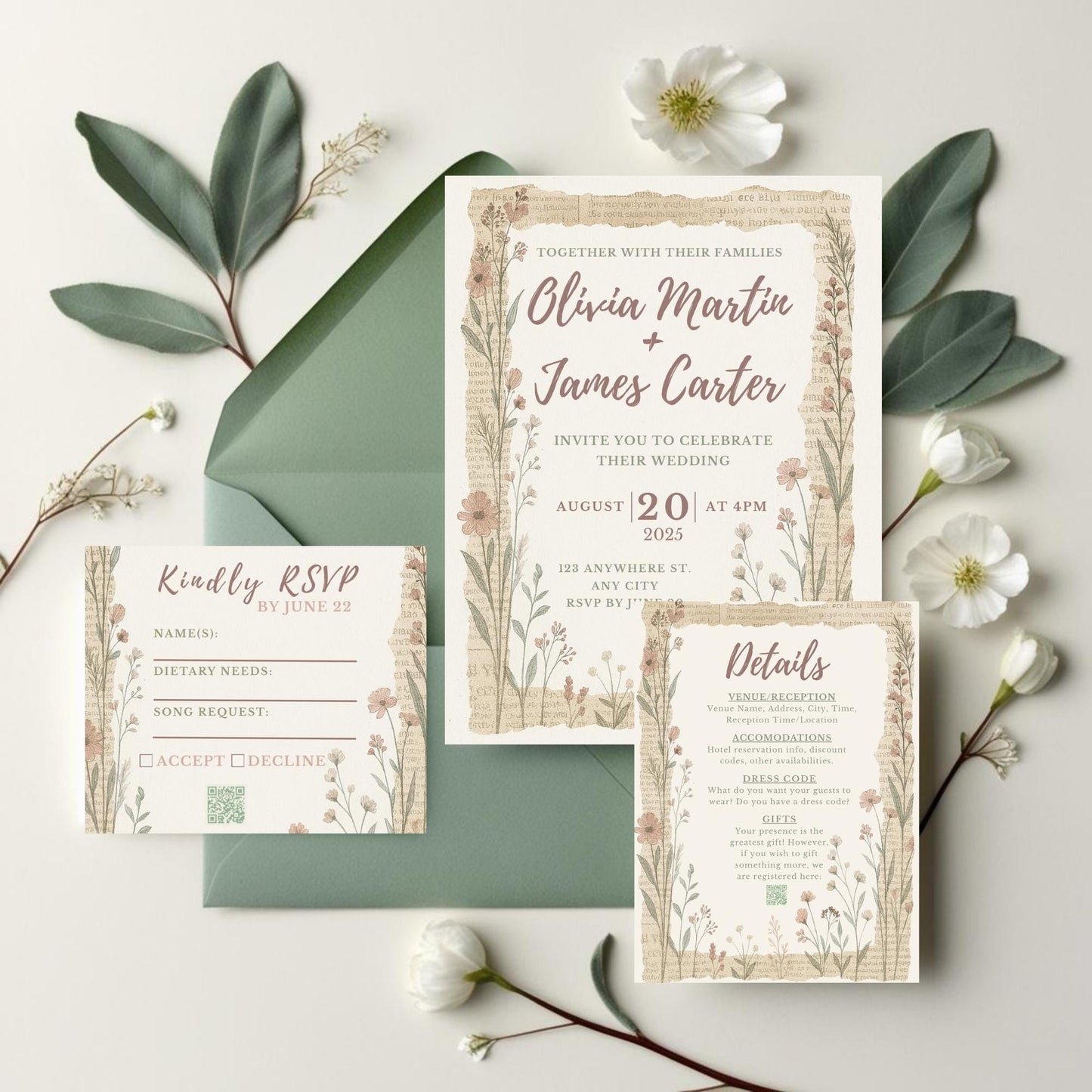 Rustic Wildflower, Newspaper, Wedding Invitation
