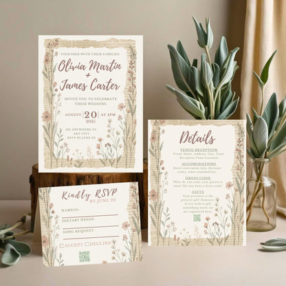 Rustic Wildflower, Newspaper, Wedding Invitation