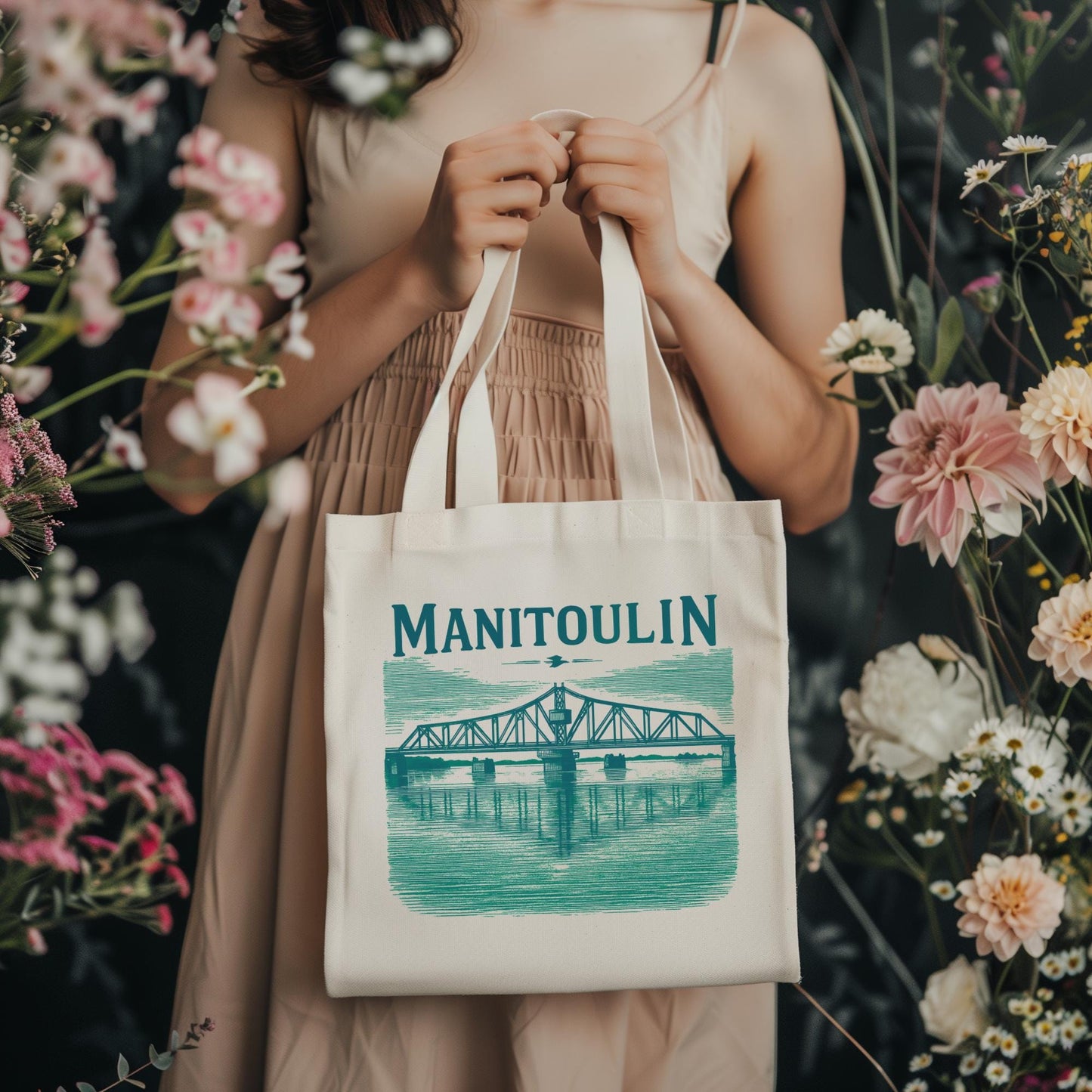 Stylish Natural Tote Bag - Manitoulin Bridge Design, Eco-Friendly Shopping Bag, Beach Tote, Travel Bag, Gift for Nature Lovers