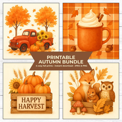 Fall PNG Sublimation Bundle – Autumn Clipart for Mugs, Pillowcases & T-Shirts – Pumpkin, Fox, Truck – Cozy Fall Digital Download
