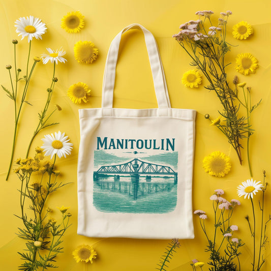 Stylish Natural Tote Bag - Manitoulin Bridge Design, Eco-Friendly Shopping Bag, Beach Tote, Travel Bag, Gift for Nature Lovers