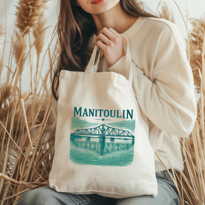 Stylish Natural Tote Bag - Manitoulin Bridge Design, Eco-Friendly Shopping Bag, Beach Tote, Travel Bag, Gift for Nature Lovers