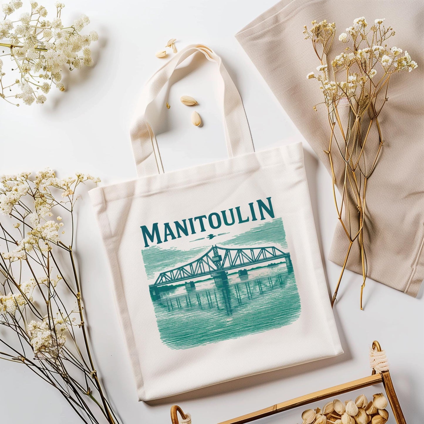 Stylish Natural Tote Bag - Manitoulin Bridge Design, Eco-Friendly Shopping Bag, Beach Tote, Travel Bag, Gift for Nature Lovers