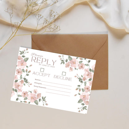 Pink Wildflower Wedding Invitation Bundle - Vine Floral Invite, Details & RSVP Card Set - Digital Download
