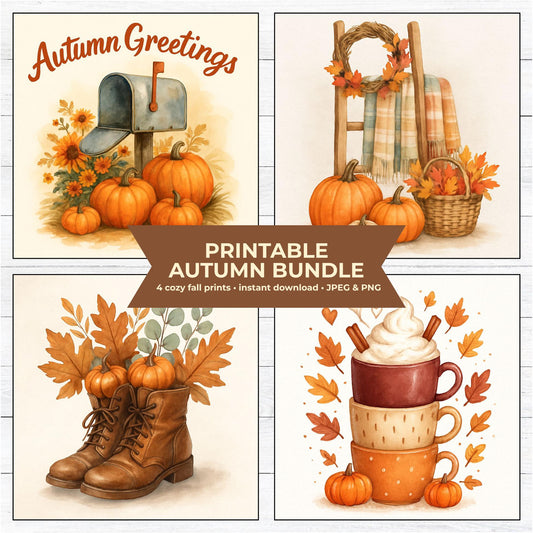 Printable Autumn Wall Art Bundle – Cozy Fall Decor – Pumpkin Boots, Mug Stack, Mailbox and Ladder – JPEG & PNG – Instant Download