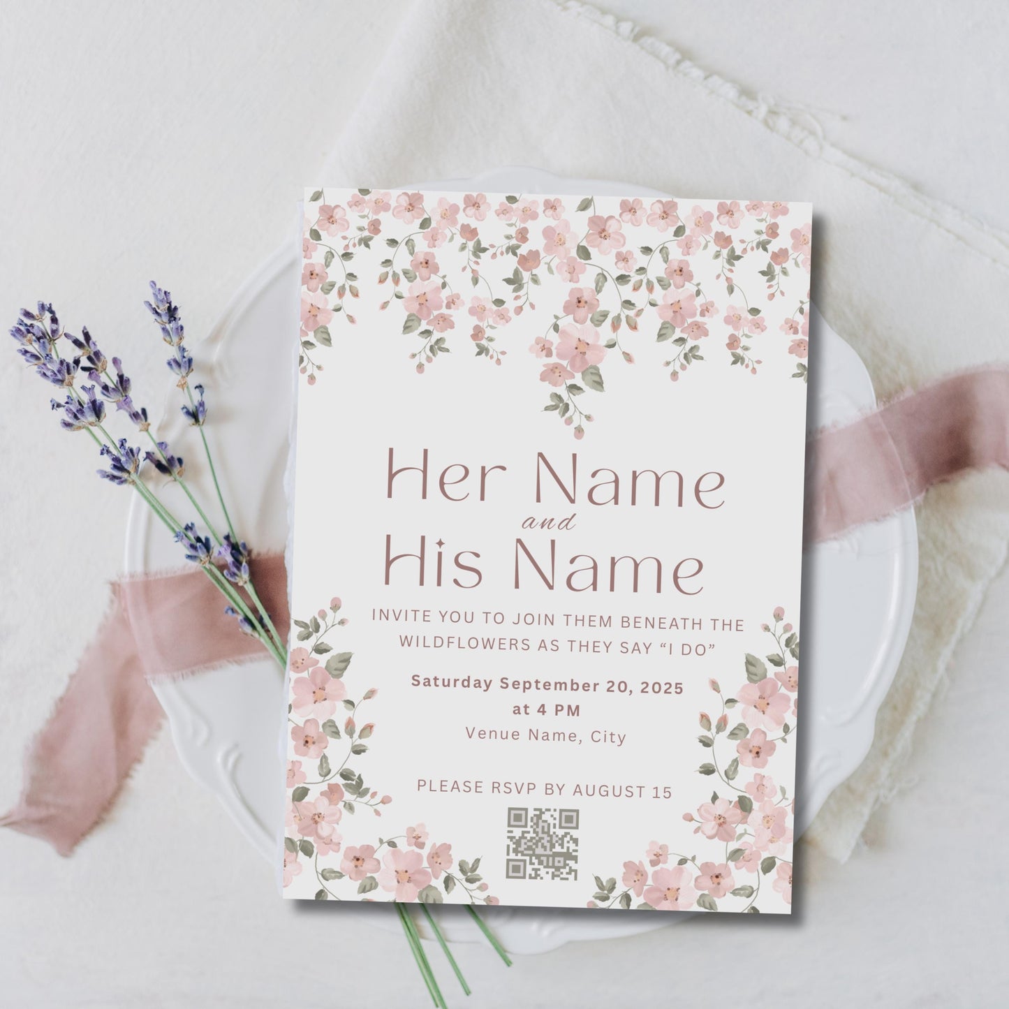 Pink Wildflower Wedding Invitation Bundle - Vine Floral Invite, Details & RSVP Card Set - Digital Download