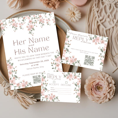 Pink Wildflower Wedding Invitation Bundle - Vine Floral Invite, Details & RSVP Card Set - Digital Download
