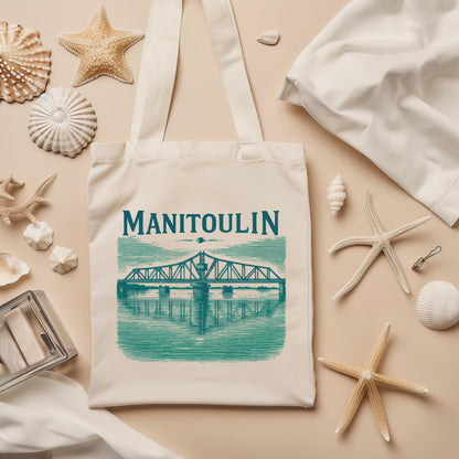 Stylish Natural Tote Bag - Manitoulin Bridge Design, Eco-Friendly Shopping Bag, Beach Tote, Travel Bag, Gift for Nature Lovers