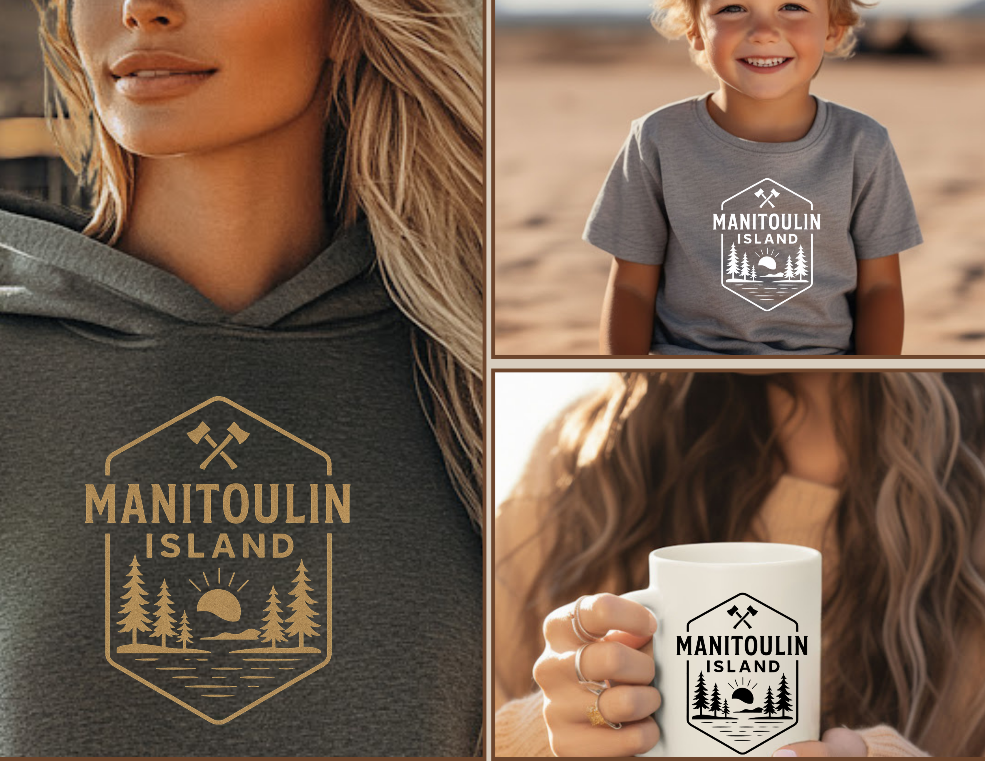 Collage of a woman, child, and mug wearing Manitoulin Island-themed merchandise.