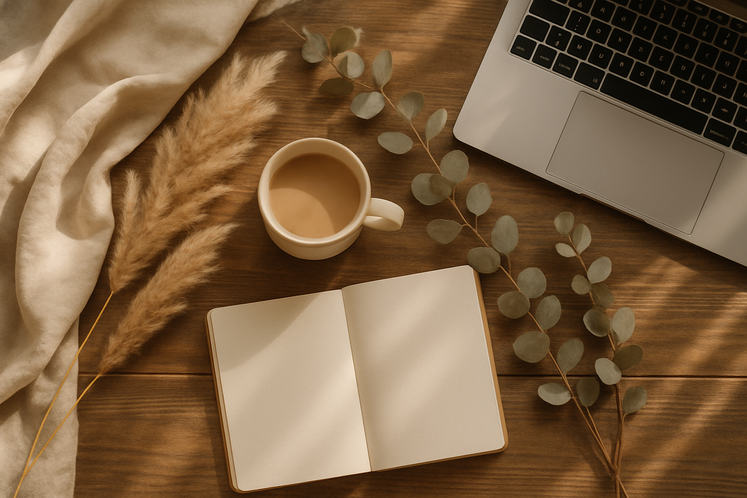 A soft neutral boho flat lay scene with a rustic wooden table, beige linen cloth, ceramic coffee mug, dried flowers, a notebook, and a laptop in warm daylight. Minimal, cozy, earthy tones.