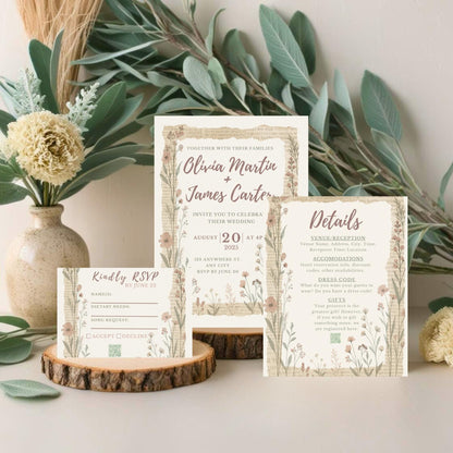 Rustic Wildflower, Newspaper, Wedding Invitation