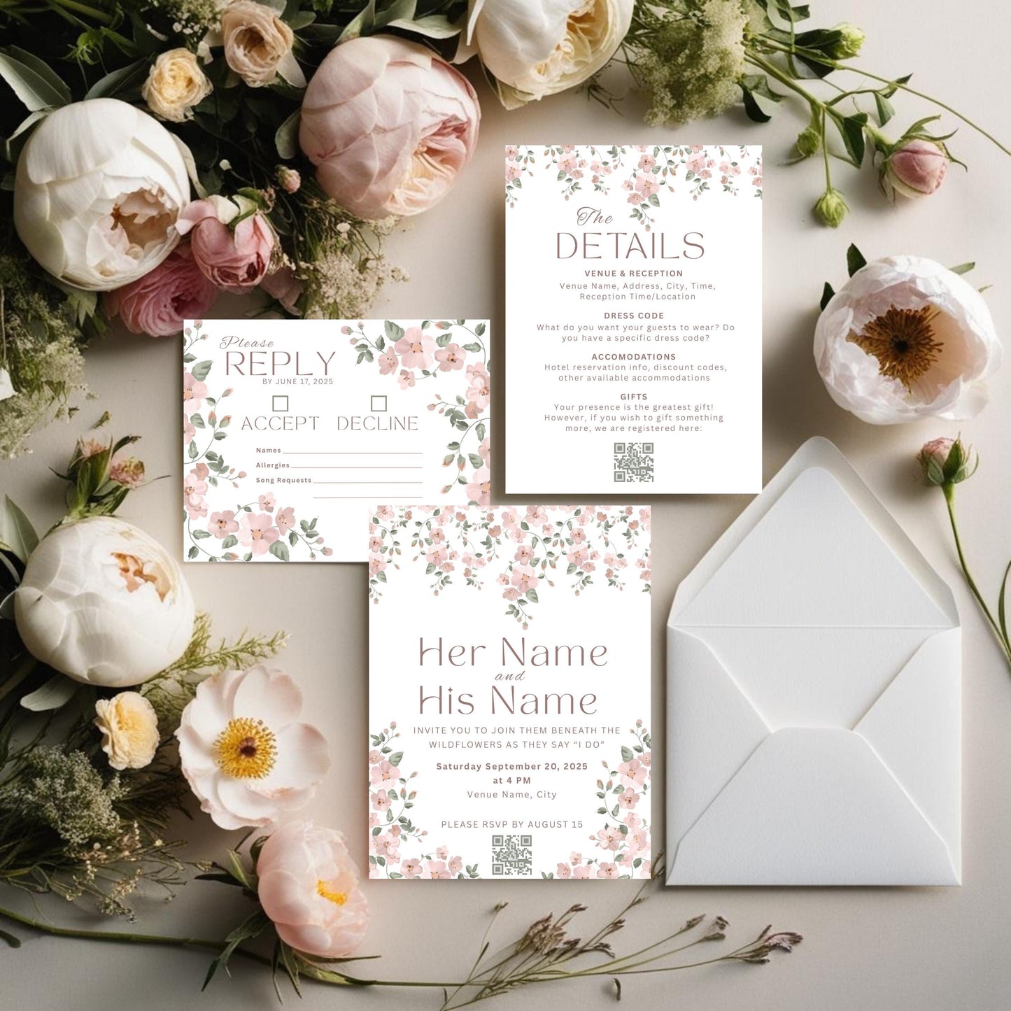 Pink Wildflower Wedding Invitation Bundle - Vine Floral Invite, Details & RSVP Card Set - Digital Download