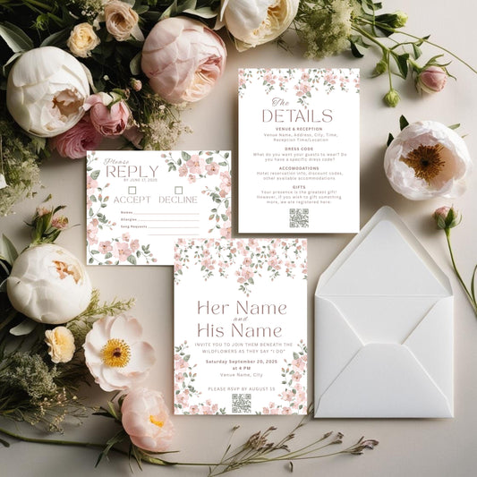 Pink Wildflower Wedding Invitation Bundle - Vine Floral Invite, Details & RSVP Card Set - Digital Download