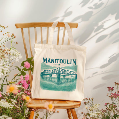 Stylish Natural Tote Bag - Manitoulin Bridge Design, Eco-Friendly Shopping Bag, Beach Tote, Travel Bag, Gift for Nature Lovers