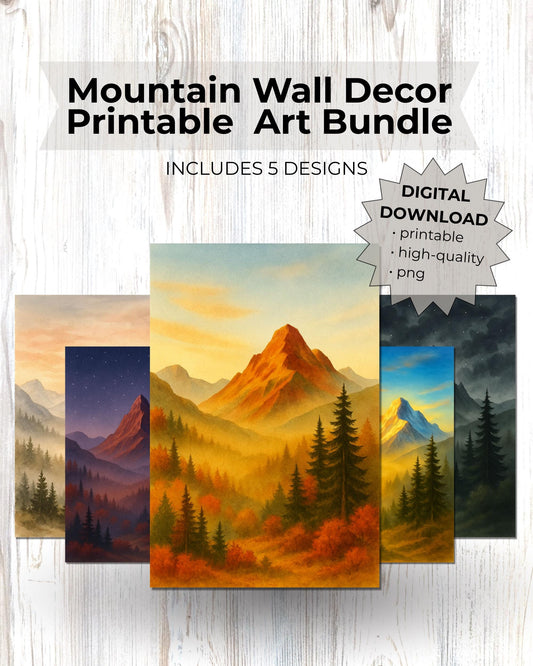 Mountain Wall Art Printable Bundle – 5 Watercolor Landscape Prints – Digital Download Wilderness Art for Home, Office, or Cabin Decor