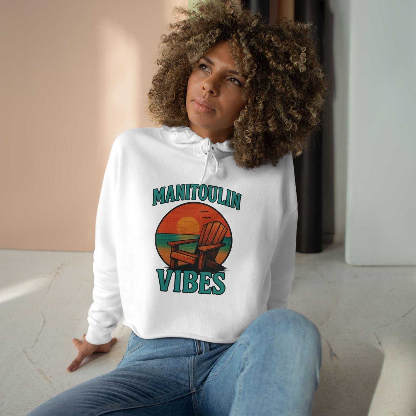 Vibrant Crop Hoodie with 'Manitoulin Vibes' Print | Casual Wear, Summer Fashion, Beach Apparel, Gift for Her, Relaxation Style