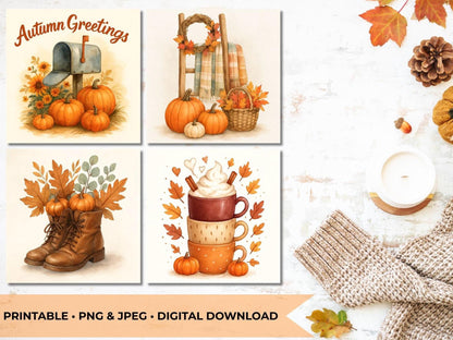 Printable Autumn Wall Art Bundle – Cozy Fall Decor – Pumpkin Boots, Mug Stack, Mailbox and Ladder – JPEG & PNG – Instant Download