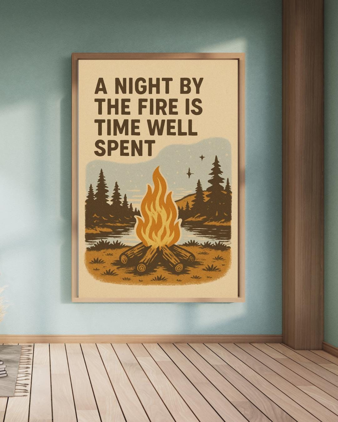Campfire Quote Wall Art | “A Night by the Fire is Time Well Spent” Printable | Rustic Camping Digital Download | Outdoor Lake Bonfire Decor