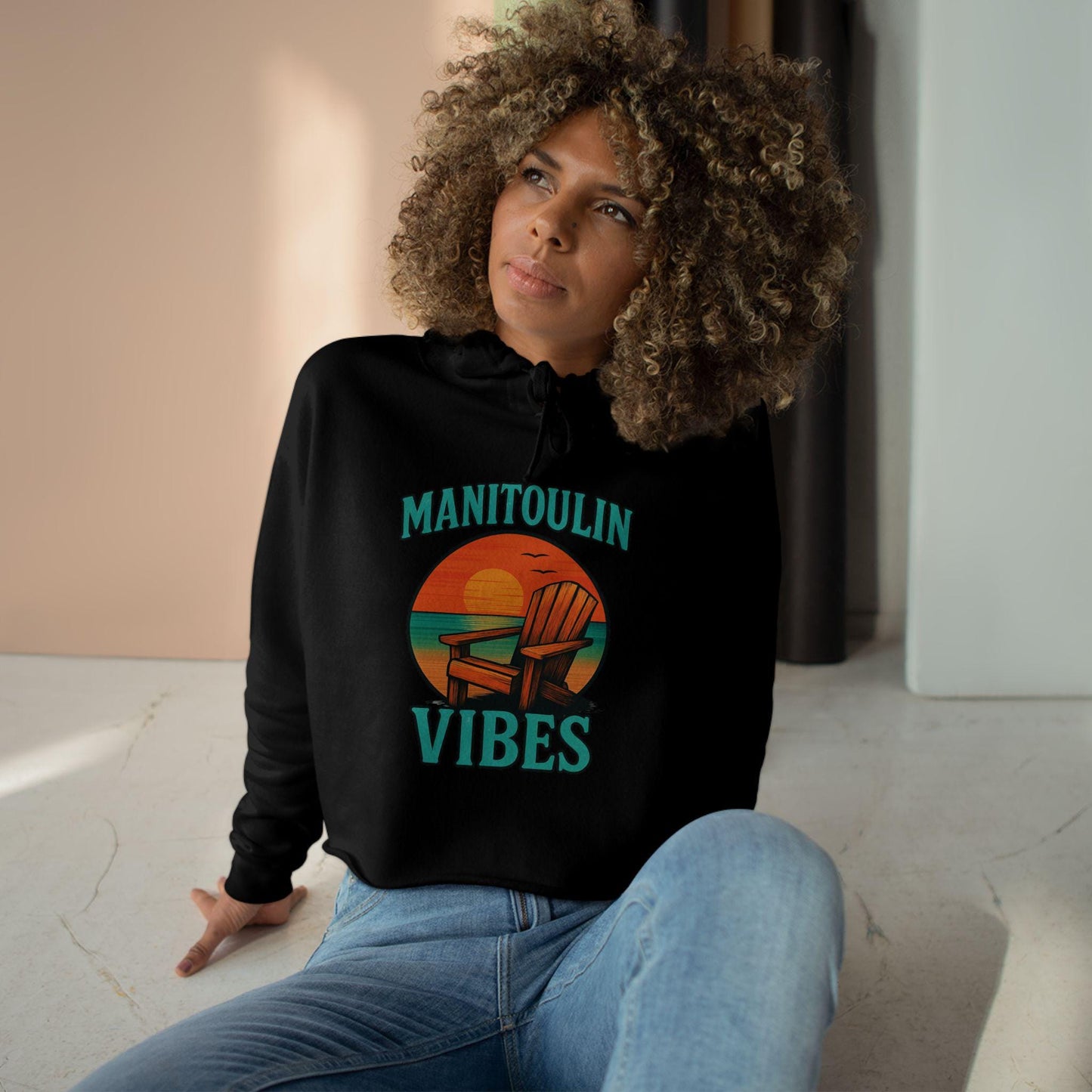Vibrant Crop Hoodie with 'Manitoulin Vibes' Print | Casual Wear, Summer Fashion, Beach Apparel, Gift for Her, Relaxation Style