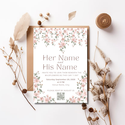 Pink Wildflower Wedding Invitation Bundle - Vine Floral Invite, Details & RSVP Card Set - Digital Download