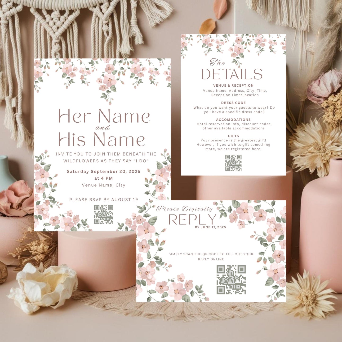 Pink Wildflower Wedding Invitation Bundle - Vine Floral Invite, Details & RSVP Card Set - Digital Download
