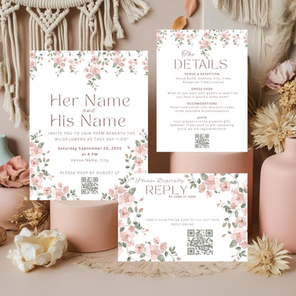 Pink Wildflower Wedding Invitation Bundle - Vine Floral Invite, Details & RSVP Card Set - Digital Download