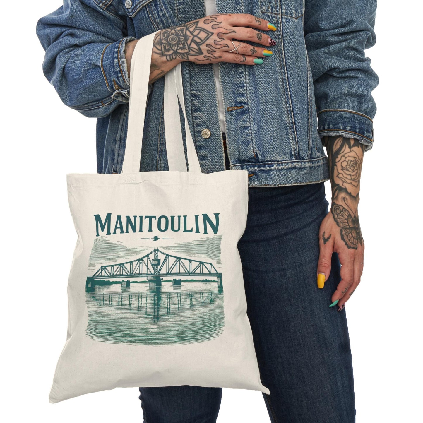 Stylish Natural Tote Bag - Manitoulin Bridge Design, Eco-Friendly Shopping Bag, Beach Tote, Travel Bag, Gift for Nature Lovers