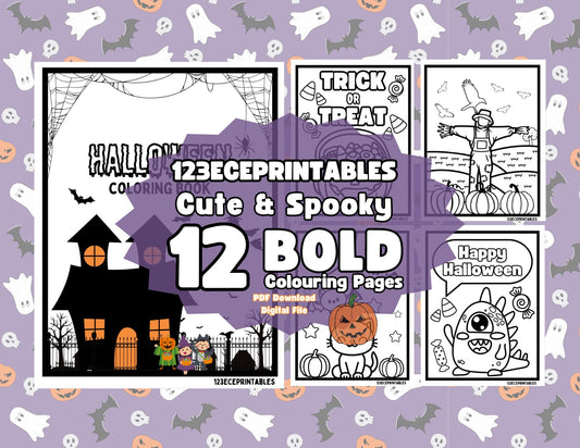 Cute Halloween Colouring Pages, Bold Printable Adorable Spooky Colouring Book, 12 Pages, Digital Download File, Printable PDF, October